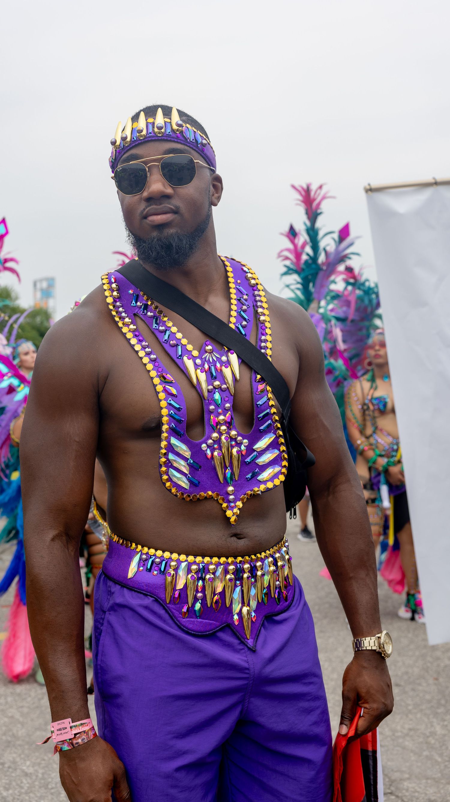 Festival participant wearing purple and gold embellished costume at a carnival celebration.