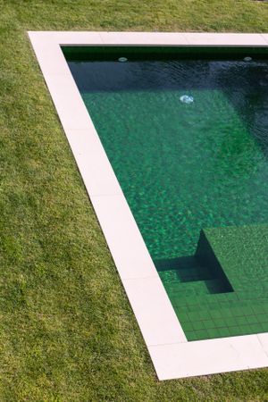 Geometric swimming pool with emerald green water bordered by manicured lawn.