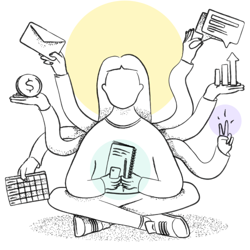 Illustration of a multi-armed woman multitasking with business tools and documents.