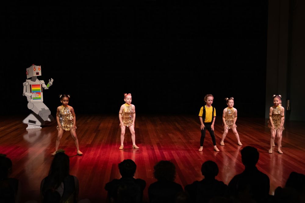 Dance performers in matching costumes line up on stage during a recital.