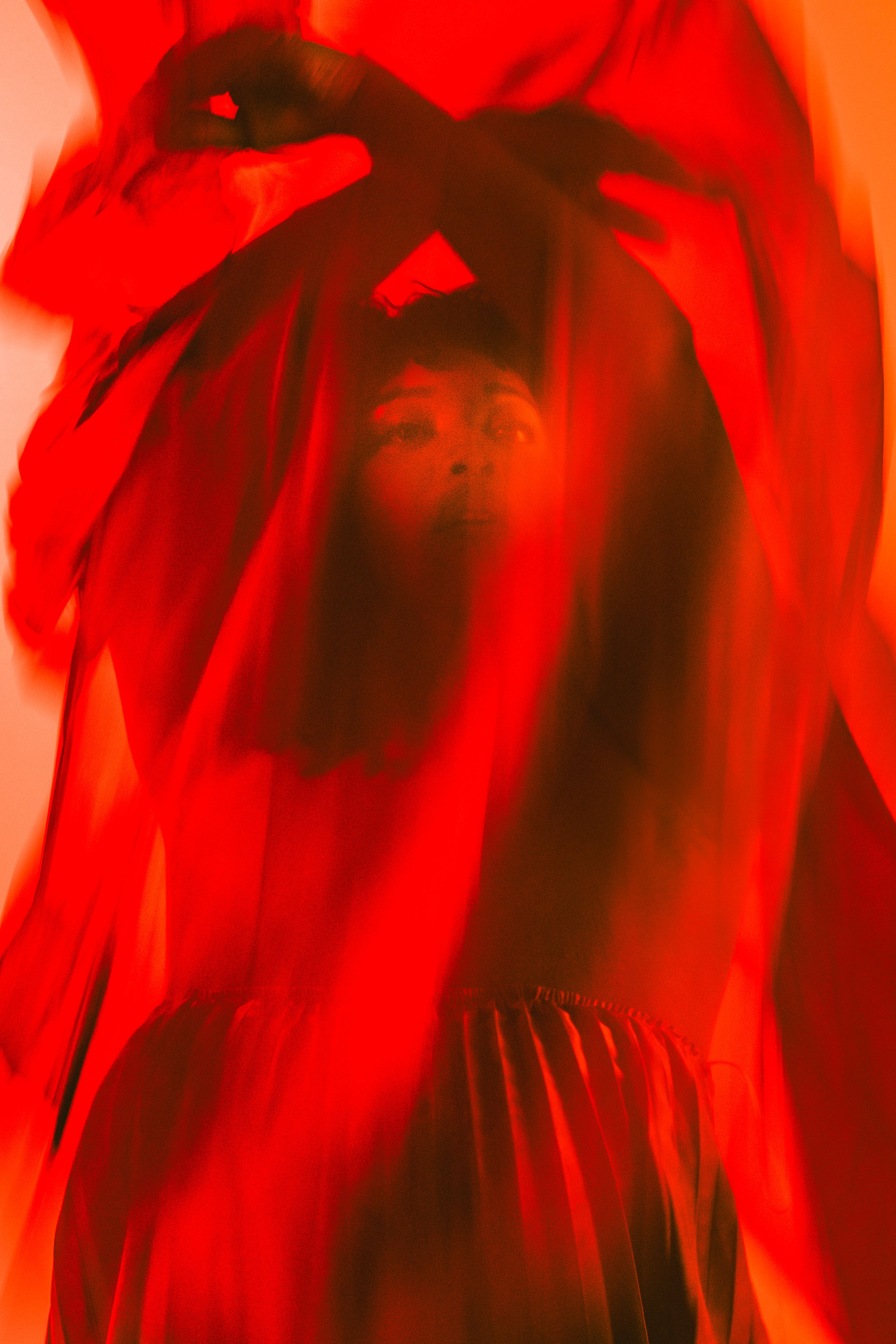 Abstract red and black shapes create a dramatic pattern with dark silhouettes against a bright crimson background.