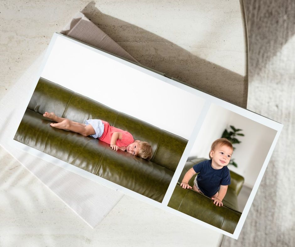 Professional photo album with matted prints showing lifestyle photography.