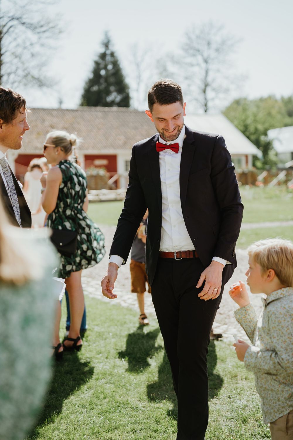 Wedding guest in black suit and red bowtie mingles with others on a sunny lawn with red barn in background.