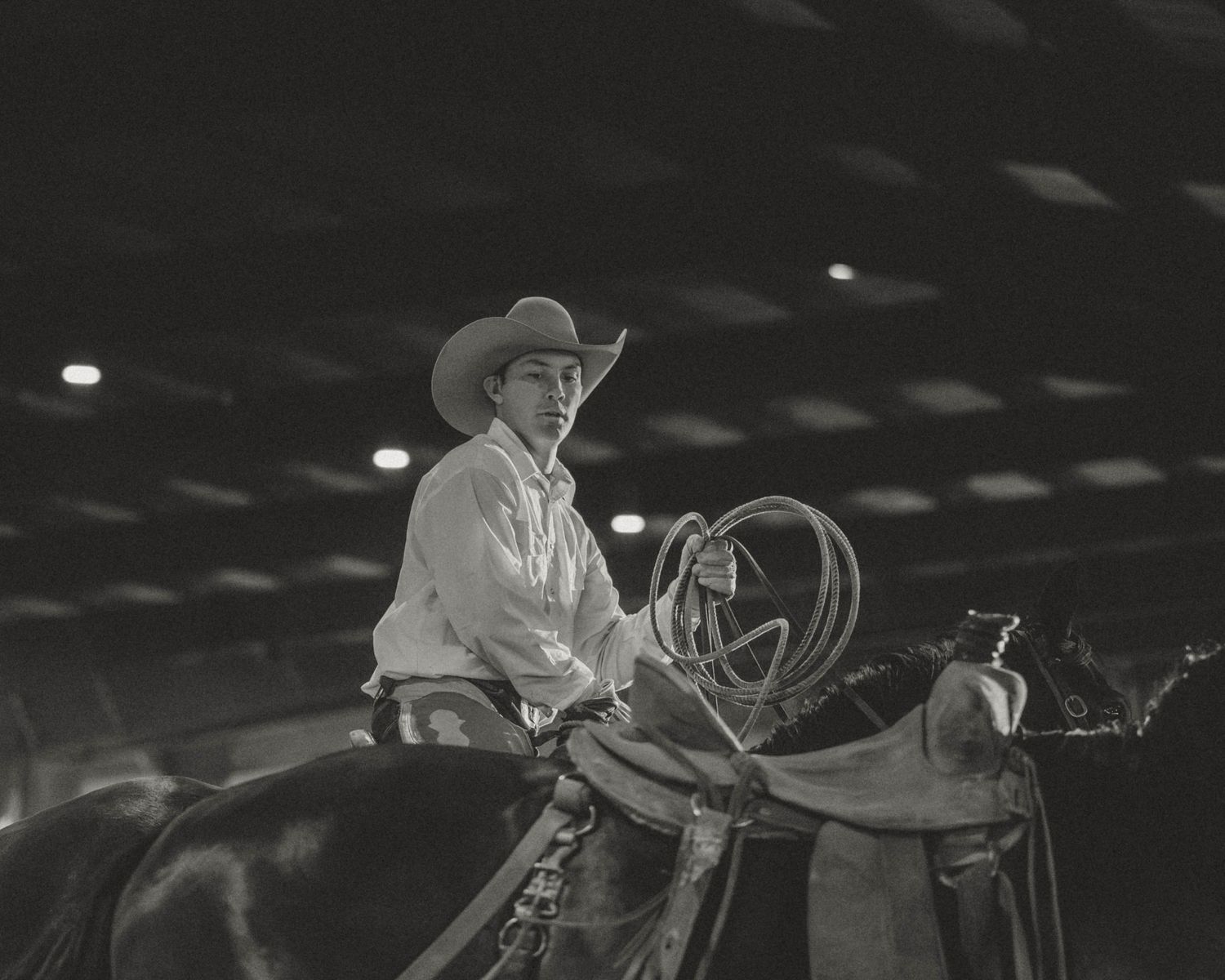 Cowboys racing to catch bronc horse through dusty rodeo arena during nighttime competition.