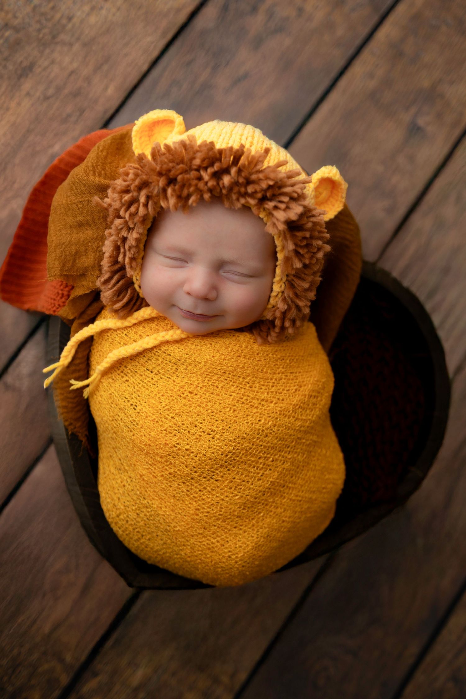 Sleeping newborn baby boy dressed as a lion laying in a heart shaped bowl