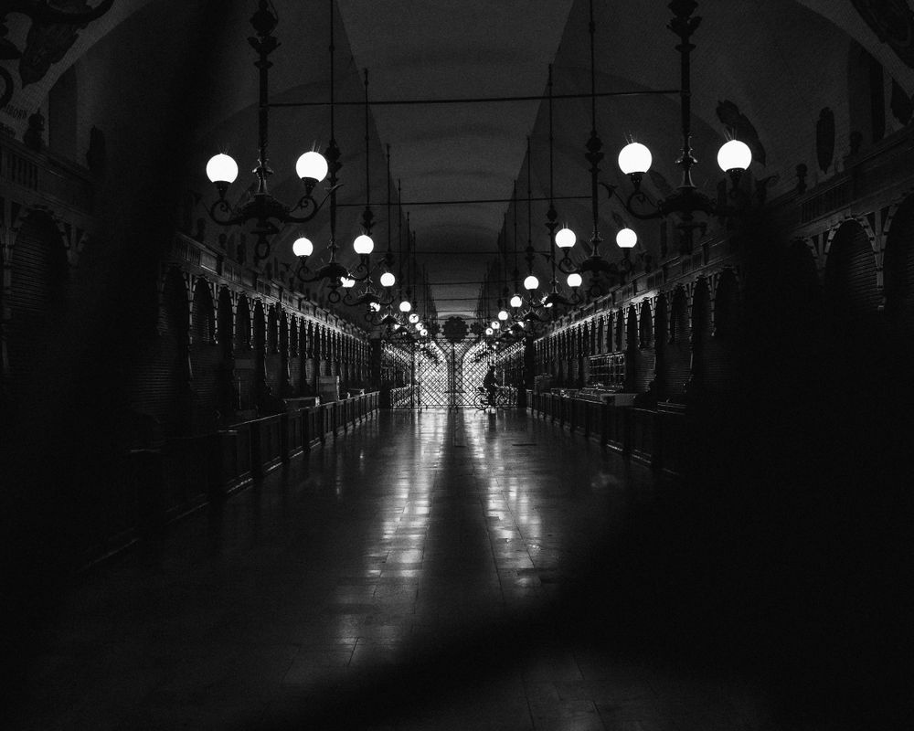 Long corridor with symmetrical lighting creating a vanishing point perspective.