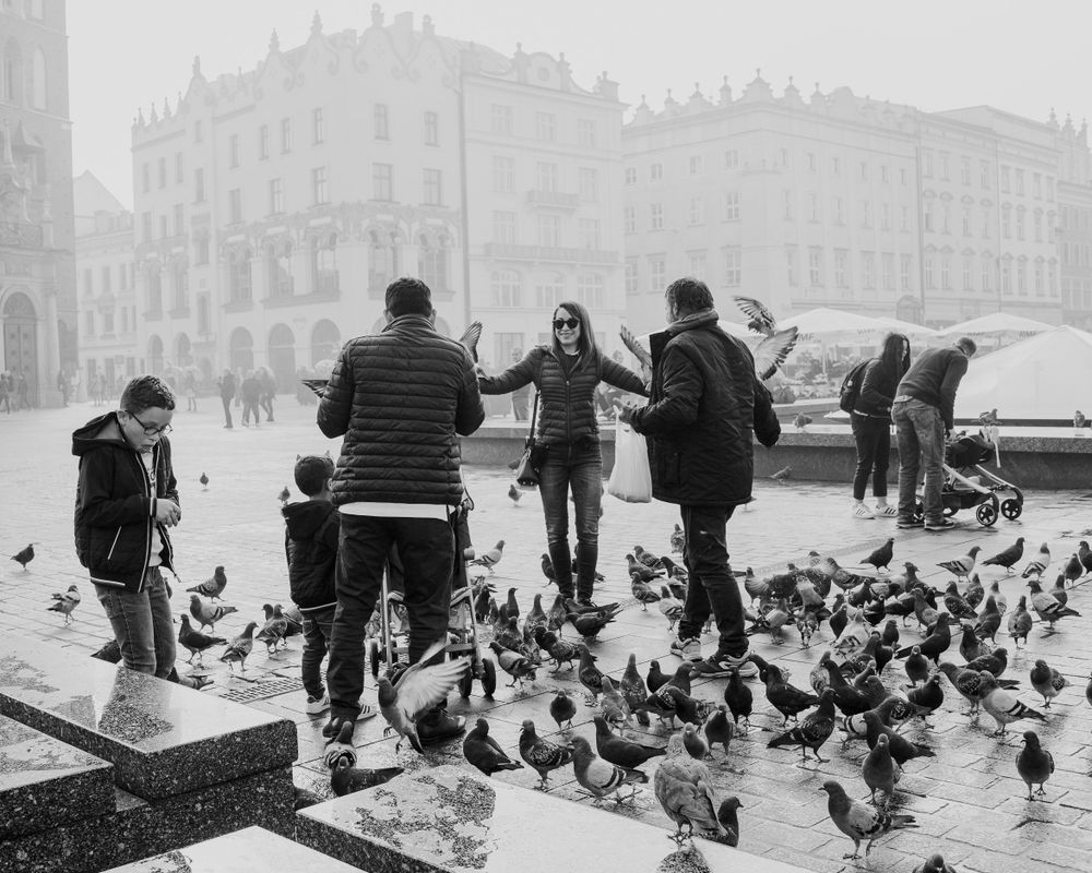 A black-and-white photo shows a busy square with historic buildings in the background. People are interacting with pigeo