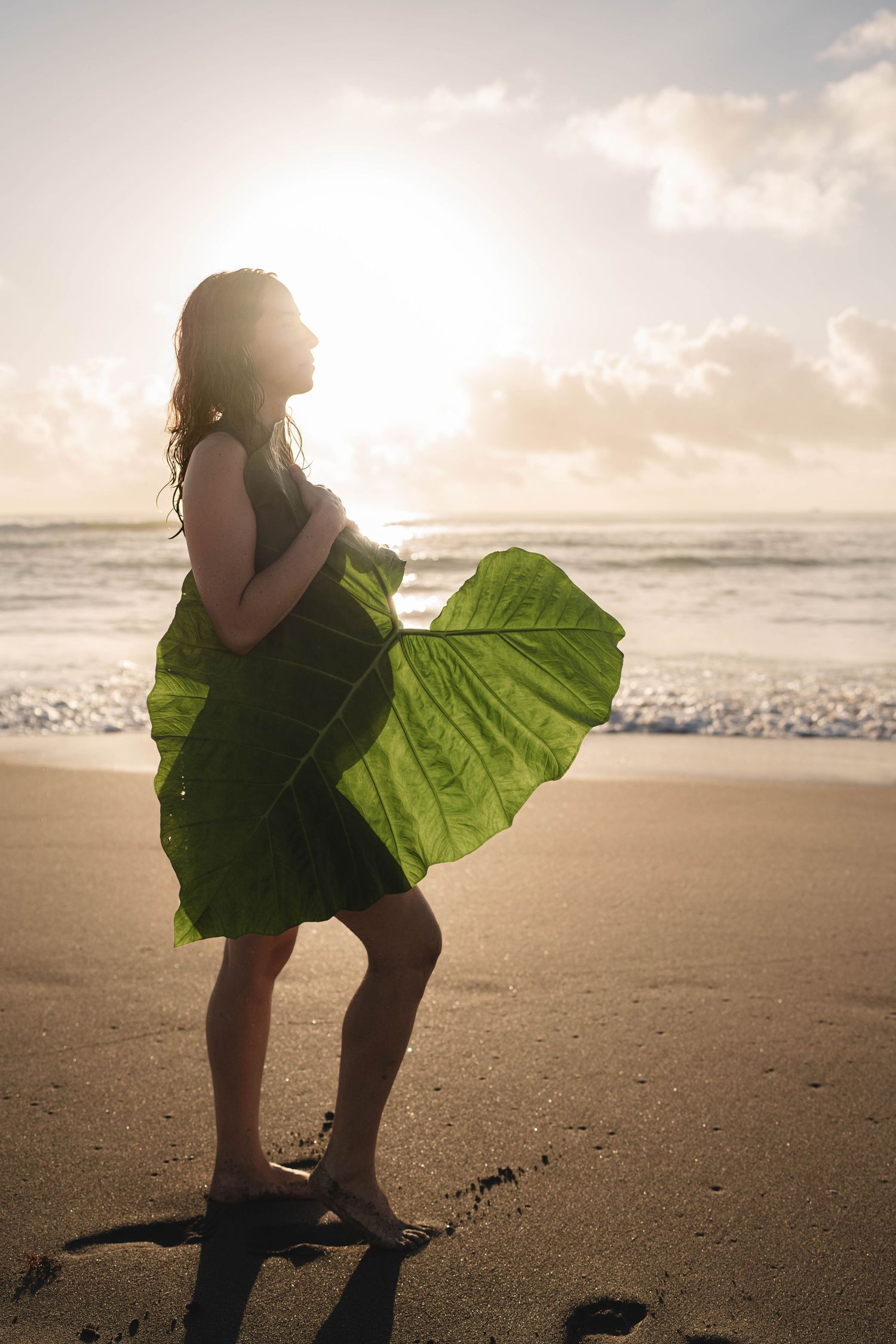 Silhouette of pregnant figure on beach holding large green tropical leaf.