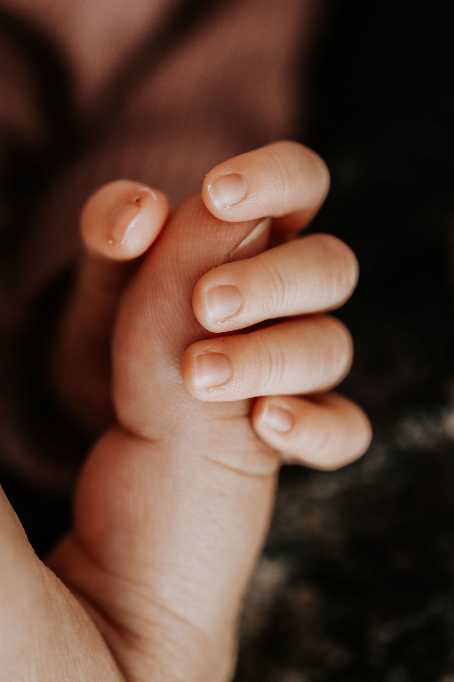 Close-up of a newborn baby's tiny hand with delicate fingers and small nails, resting gently.