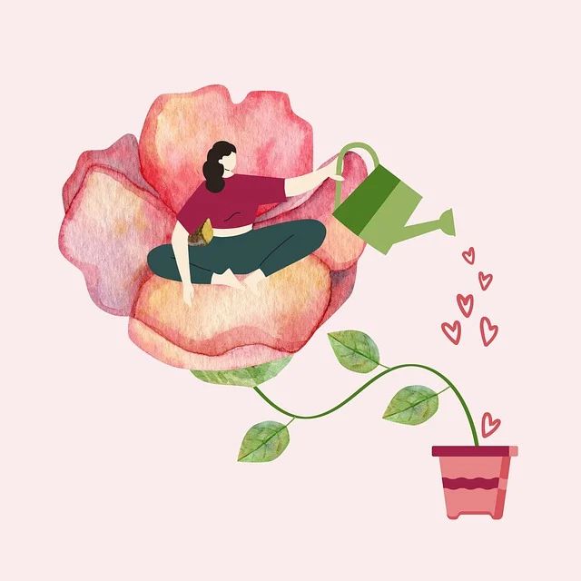 Whimsical watercolor illustration of person watering flower from inside pink bloom.