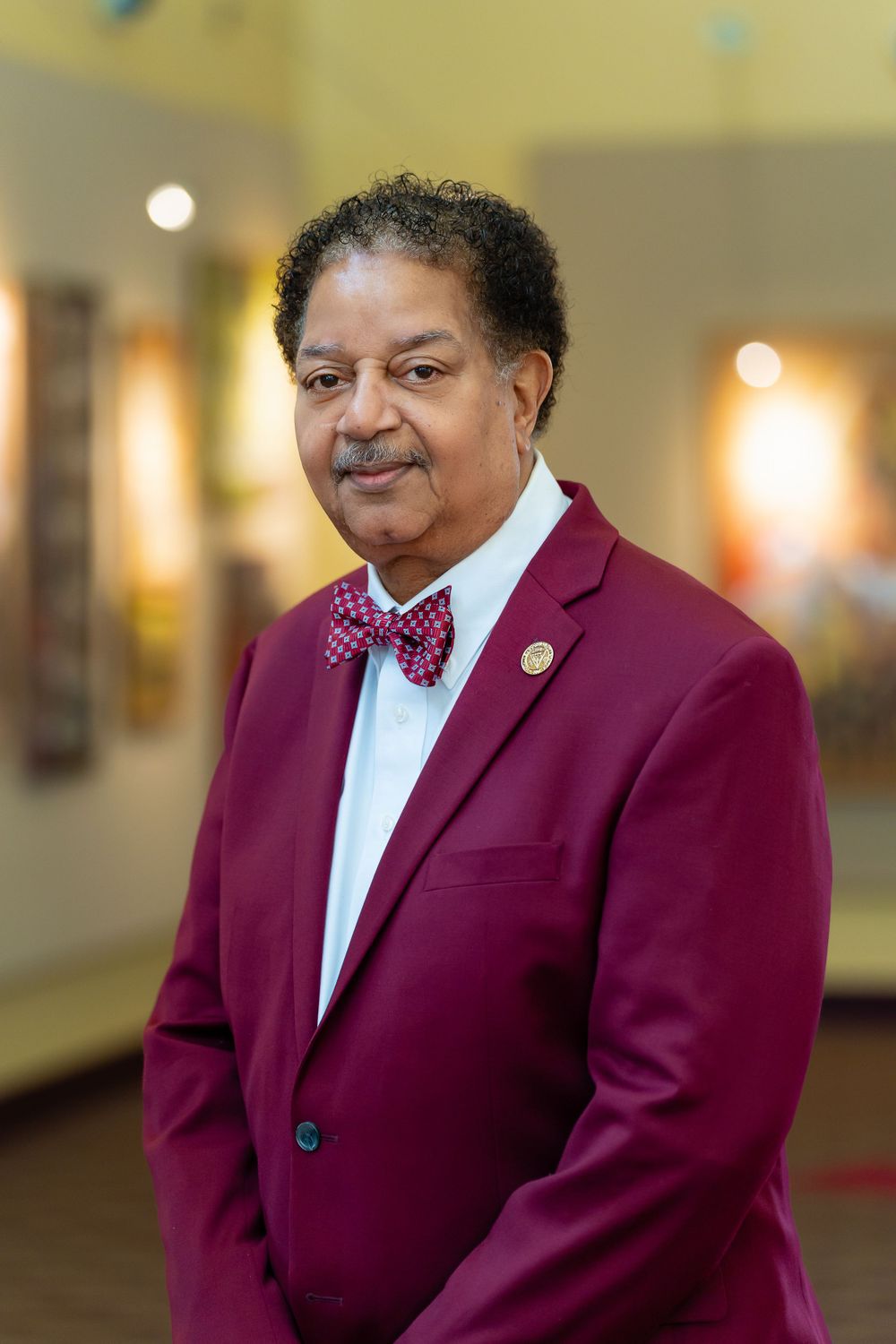 Professional portrait of person in burgundy suit jacket and bow tie.
