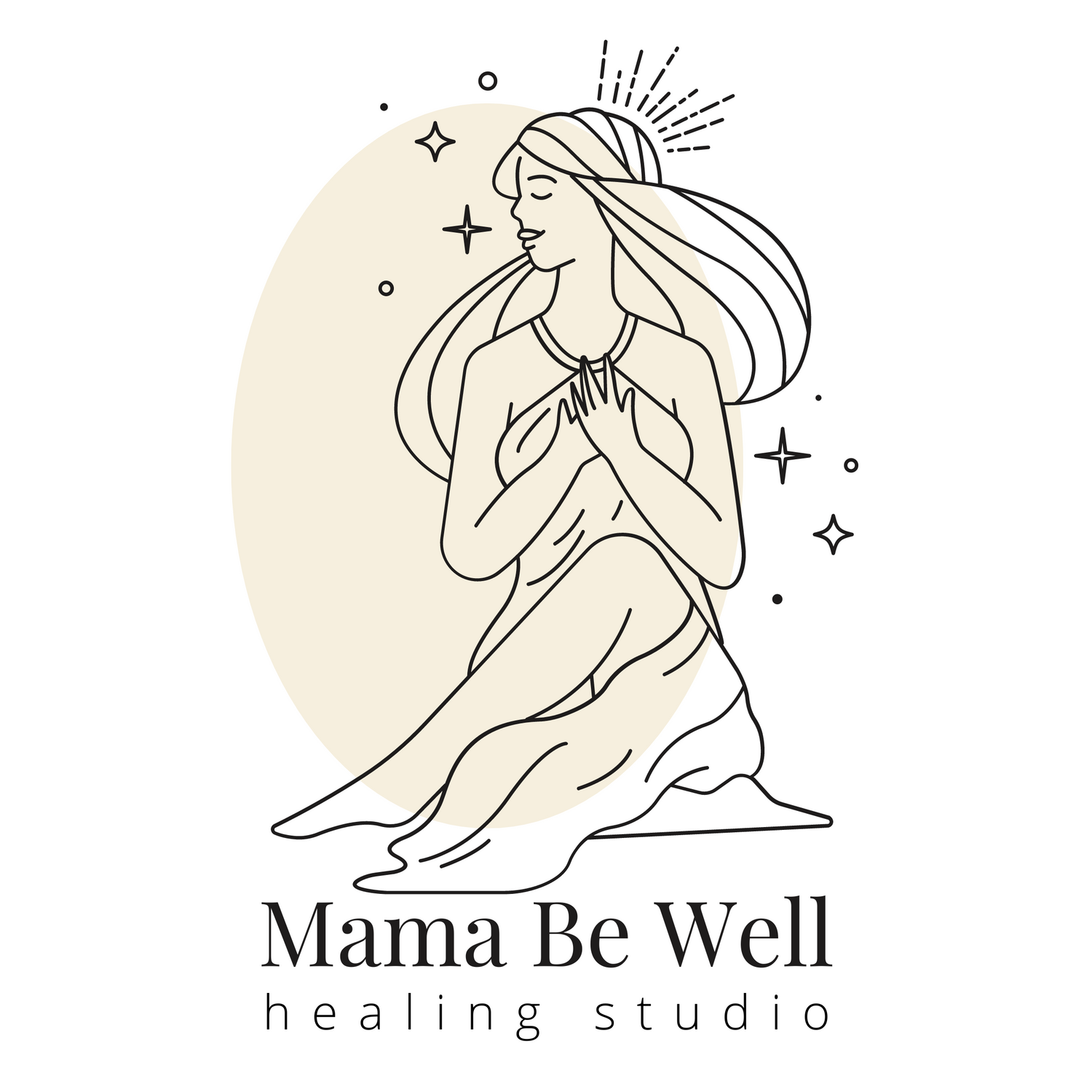 Line art illustration of a woman praying with stars and text reading Mama Be Well healing studio.