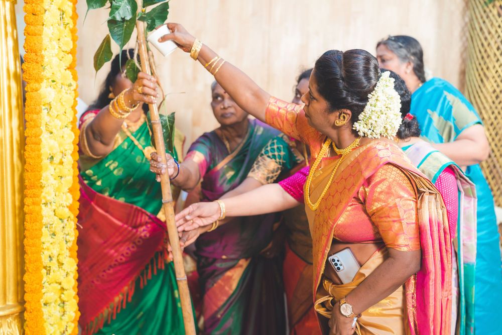 Women in colorful saris participate in a traditional Indian ceremony with green leaves.