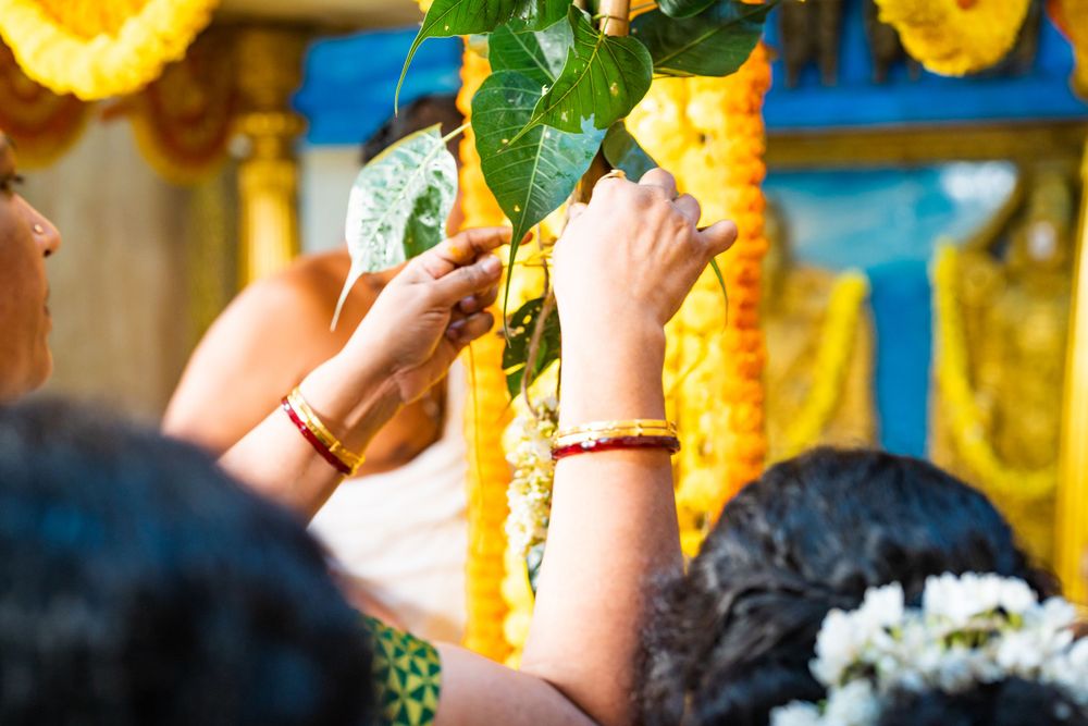 Hands reaching up to arrange green leaves and decorations during a traditional ceremony.