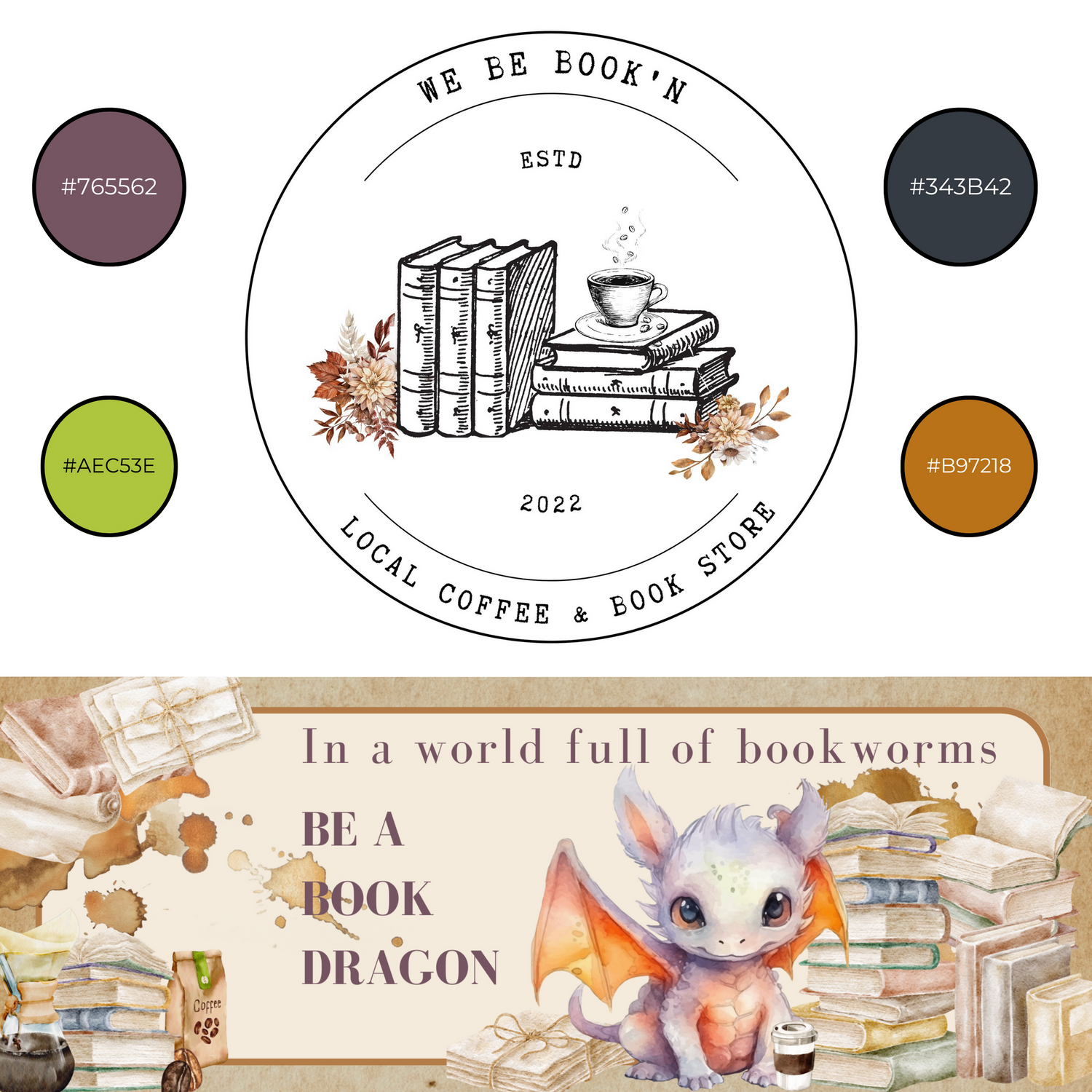 Whimsical bookstore logo with book stack illustration and cute baby dragon watercolor artwork.