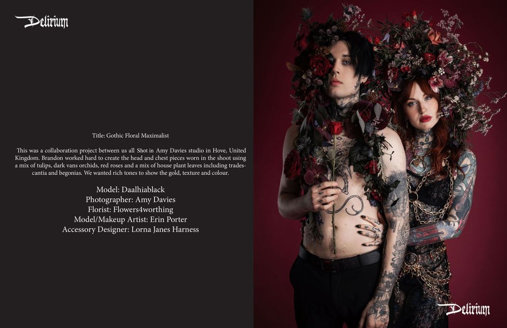 Tear sheet of Delirium Magazine featuring Louie and Erin wearing florals and lace