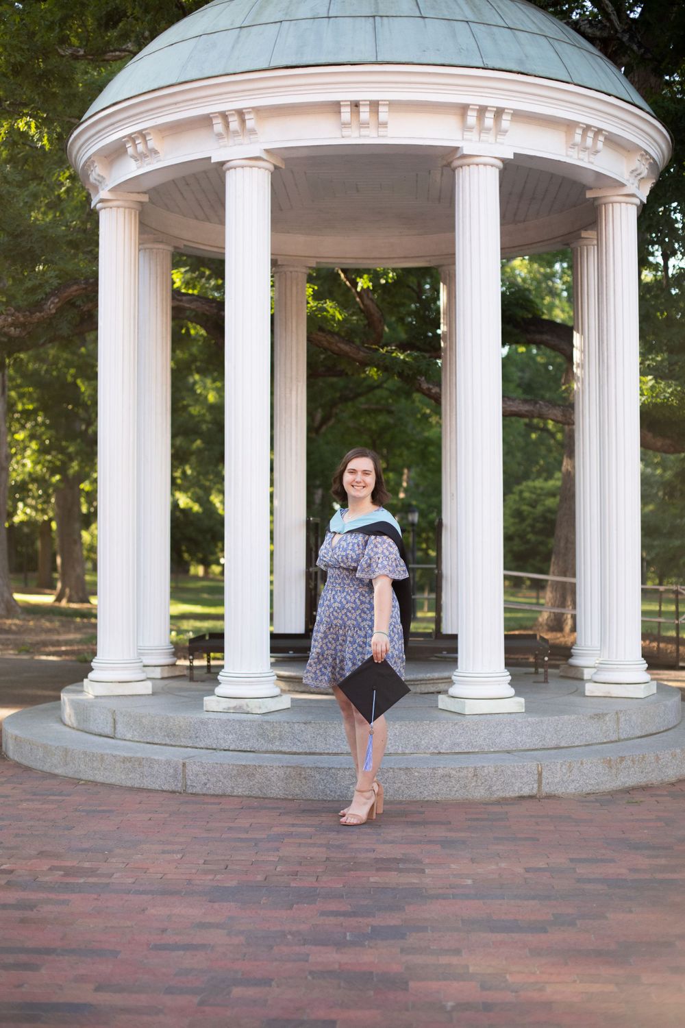 Multiple angles of graduation photos taken at UNC Chapel Hill's old well.