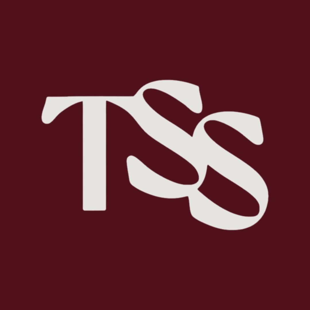 TSS monogram logo in white serif letters on a deep burgundy red square background.