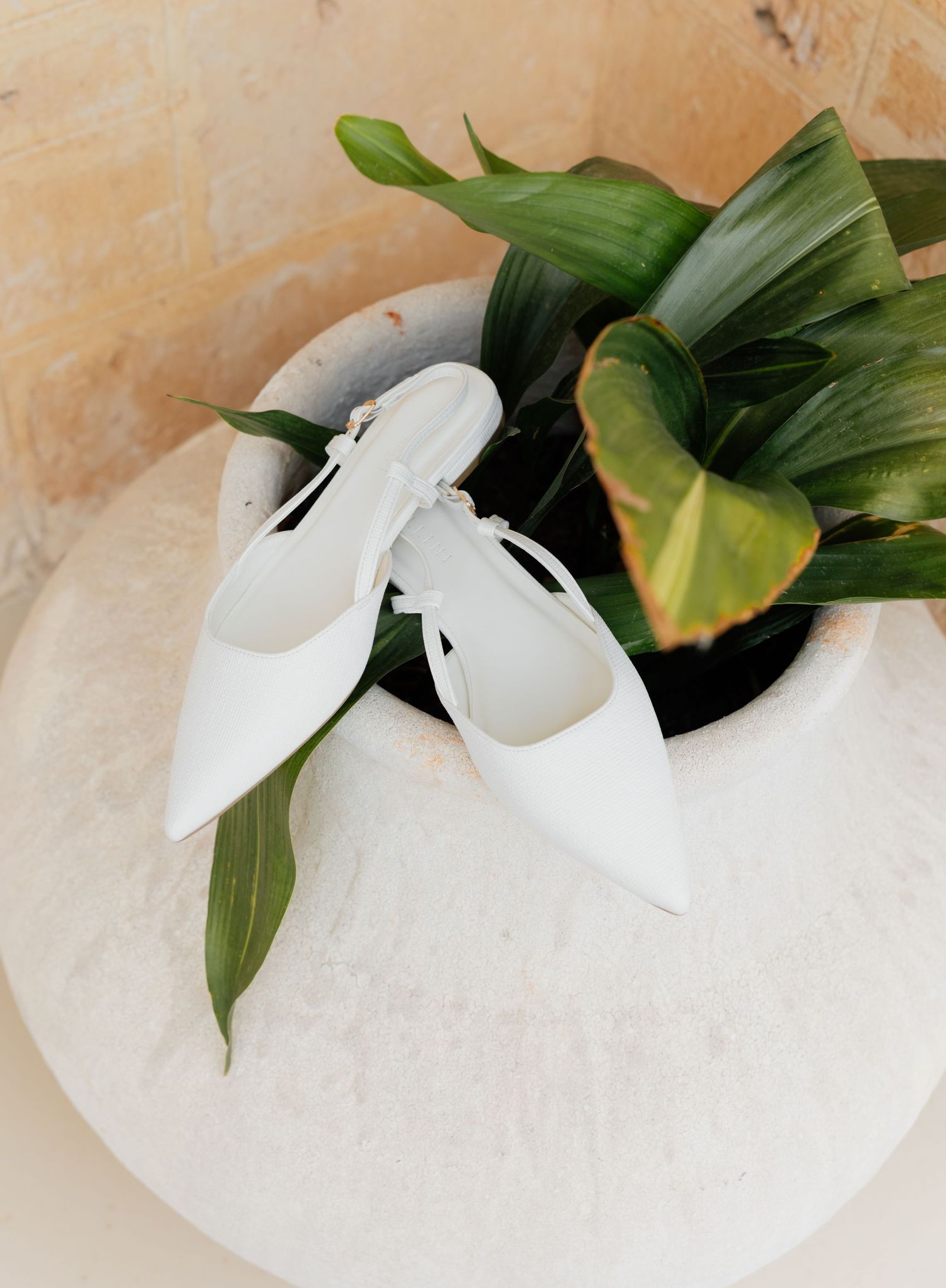 White bridal shoes placed next to green plant leaves on light marble surface.