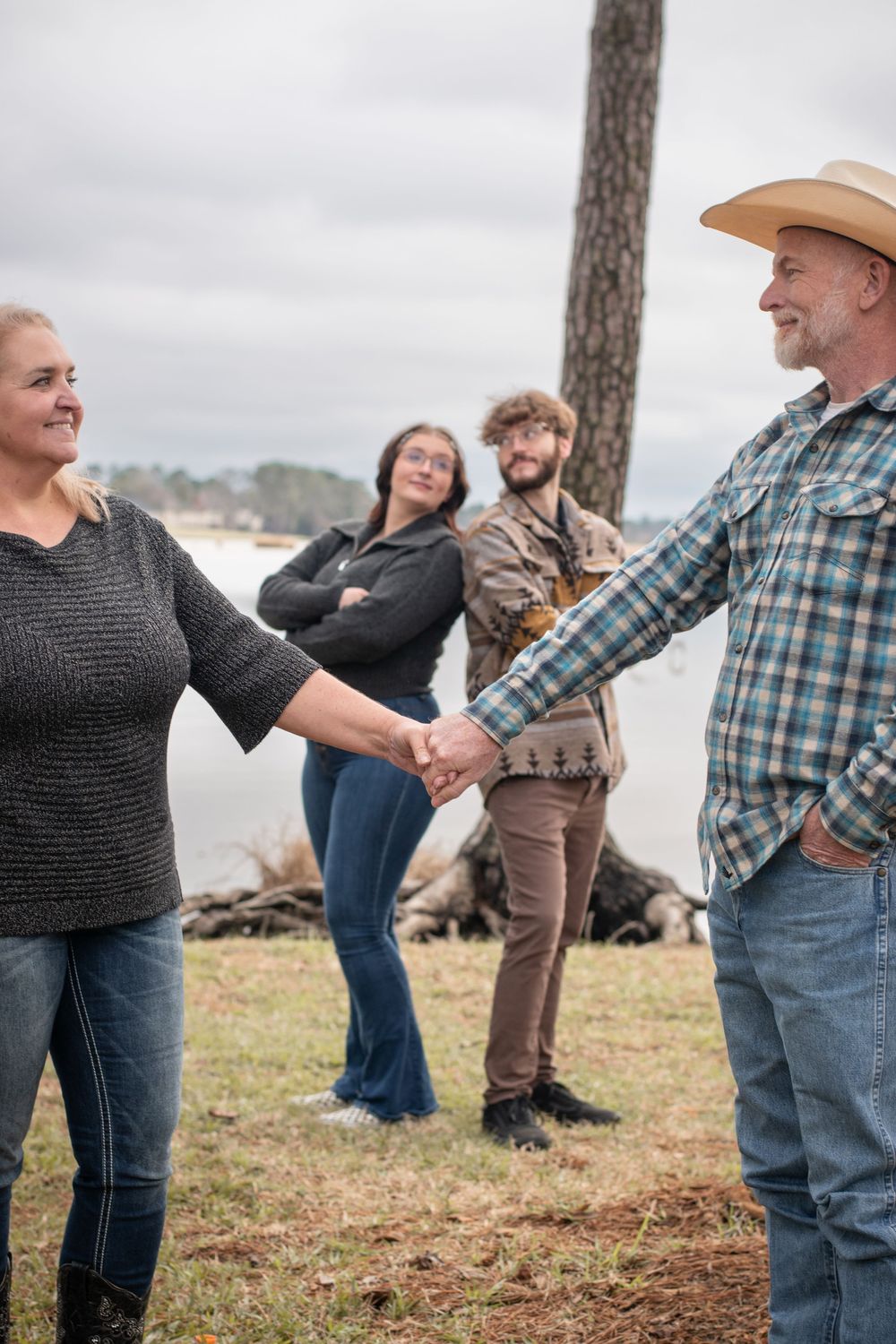 A sequence of photos showing people dancing in a rustic outdoor setting wearing casual western attire.