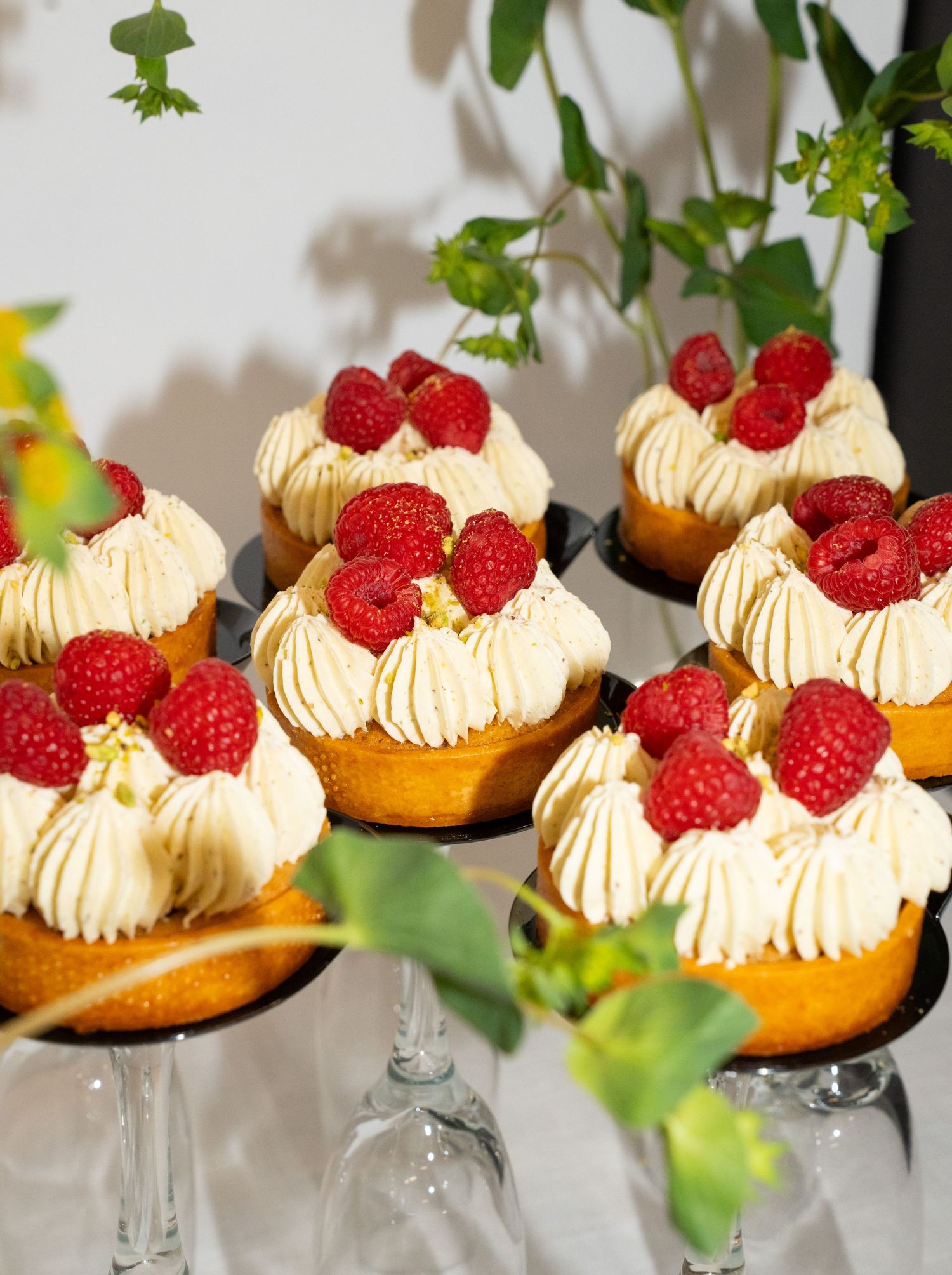 Mini cream puffs topped with whipped cream and fresh raspberries served in elegant glass stands.
