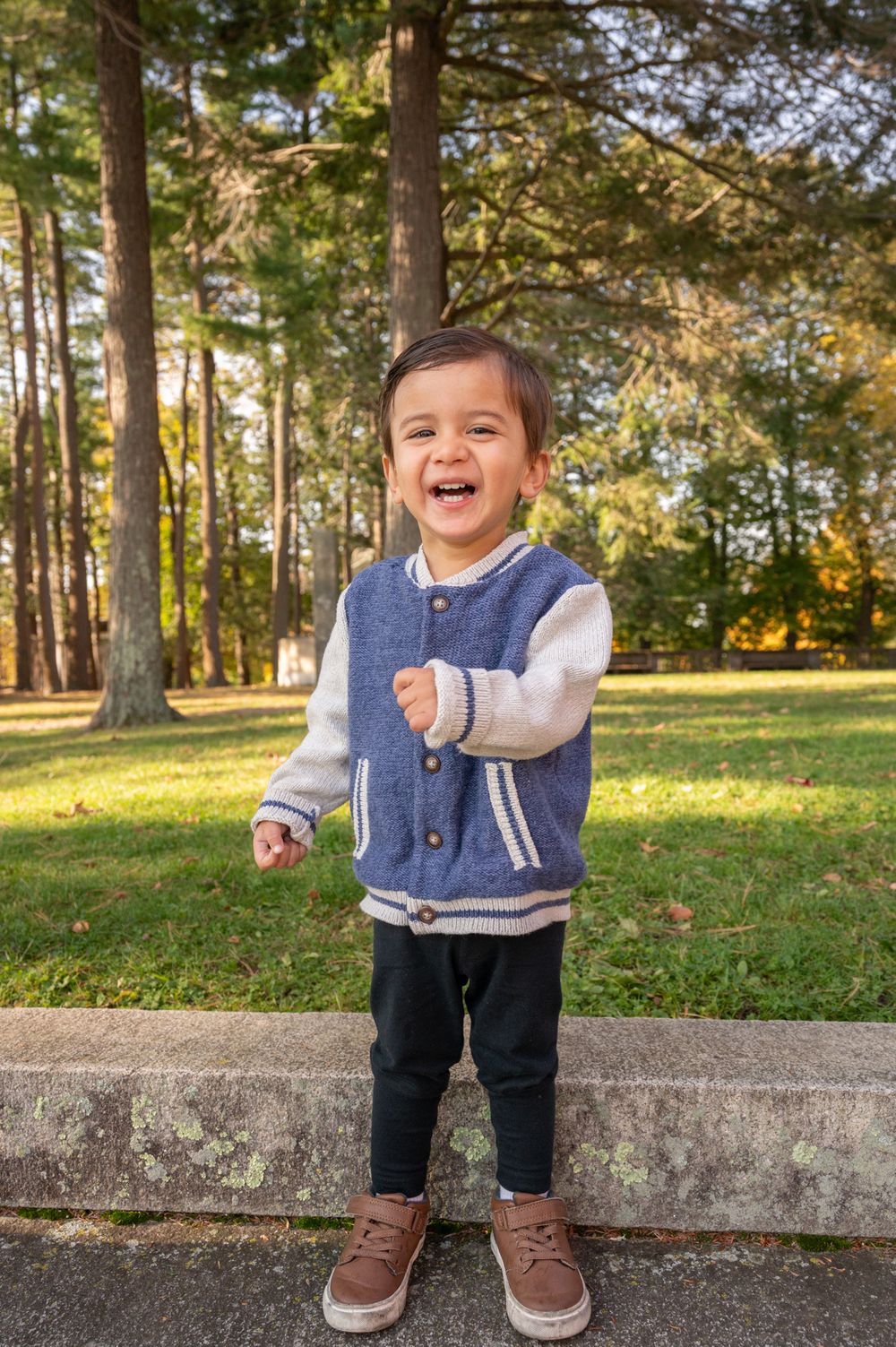 Small child in a gray vest and brown shoes stands on a stone wall in a sunny autumn park setting.