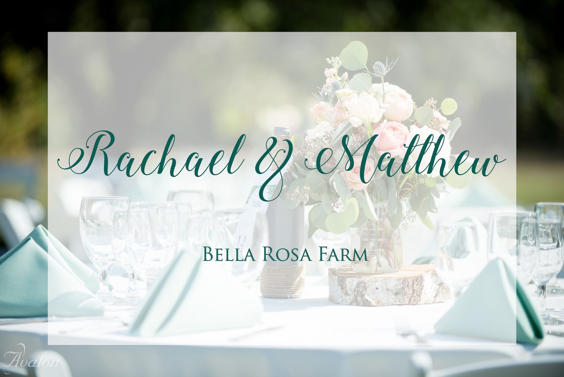Elegant teal wedding reception table setting with delicate centerpiece at Bella Rosa Farm.