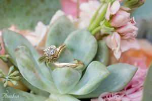 Elegant engagement ring nestled on a pale green succulent with pink floral accents.