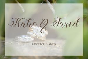 Wedding rings photographed with elegant script text overlay at Centerville Estates.