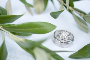 Diamond wedding rings artistically placed among green olive leaves.