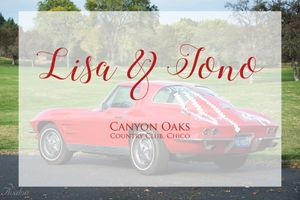 Wedding invitation design featuring red vintage Corvette and couple names in script font.