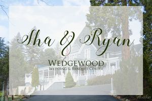 An elegant wedding venue title overlay featuring Wedgewood text against a blurred white building.