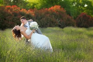 Romantic dip pose in field of lavender at golden hour.