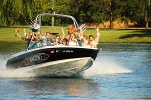 Excited passengers celebrating on a speedboat cruise across a sunny lake.