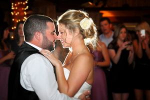 Intimate moment between couple during their first dance at wedding reception.