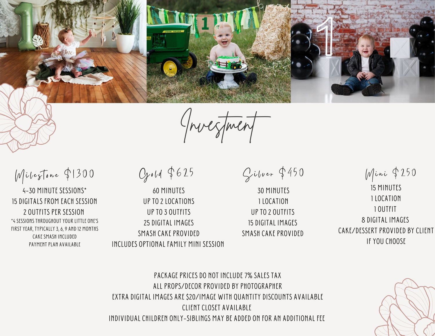 Photography pricing guide showing various children's portrait session packages and samples.