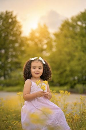 Smiling girl in a pale pink dress holds yellow wildflowers while sitting in a meadow with a glowing sunset behind her.