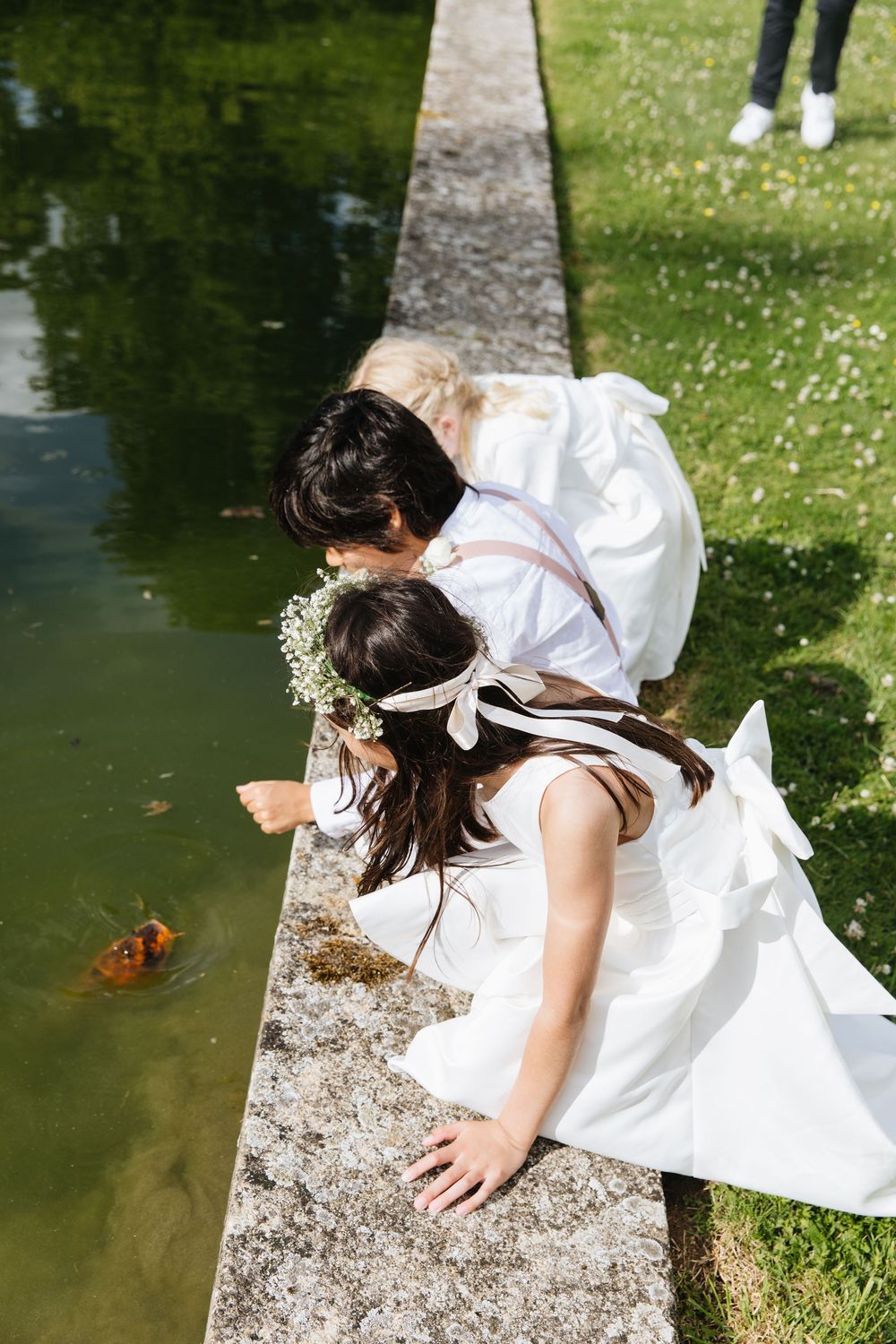 Two figures in white dresses lean over a stone wall to look at goldfish swimming in a pond on a sunny day.