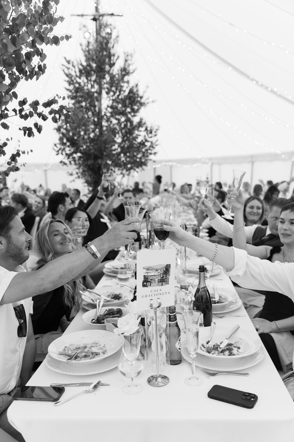 Wedding guests raise their glasses in a toast under an elegant white tent during an outdoor reception celebration.