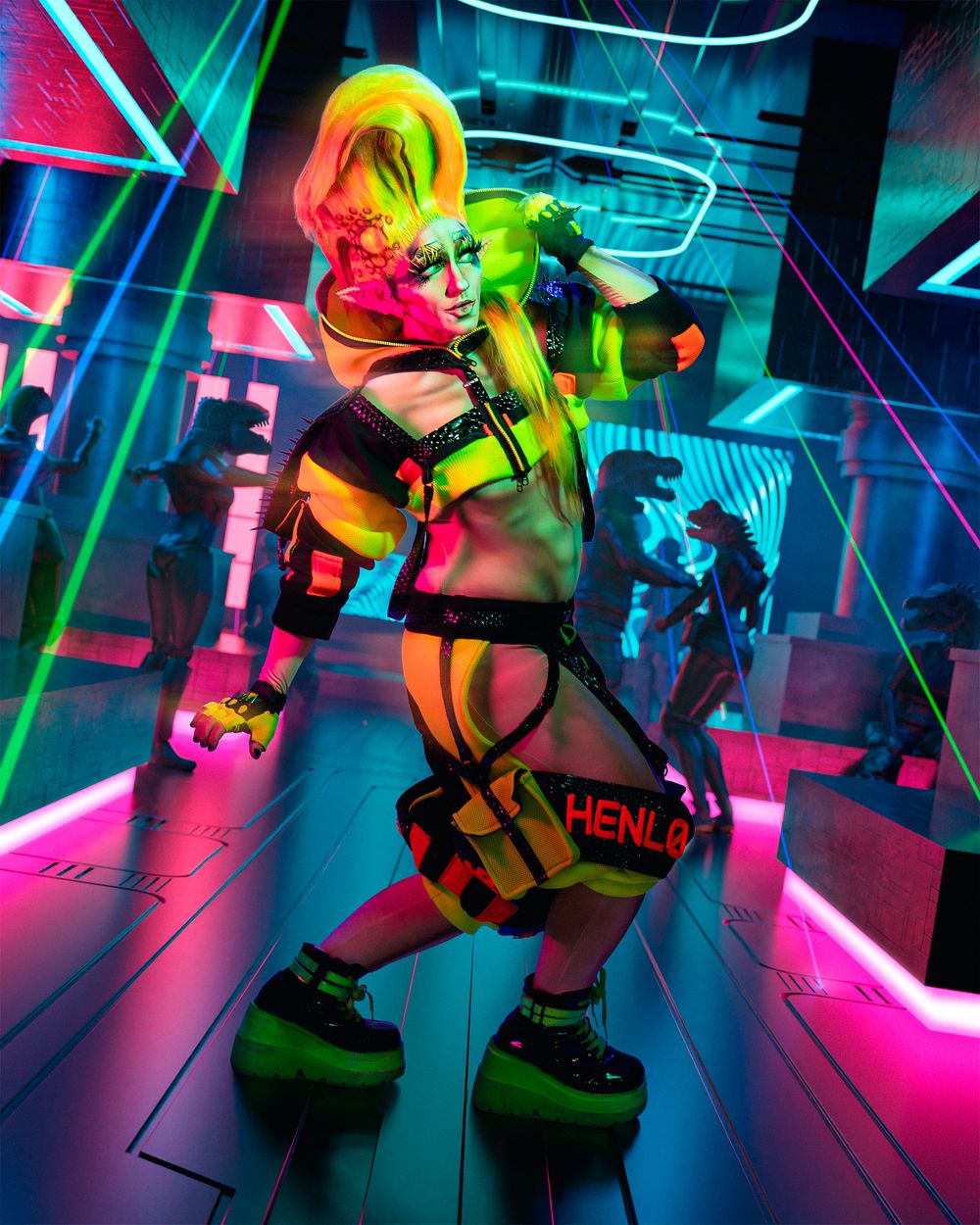 Colorful neon lights illuminate a dance floor with dynamic patterns and reflective surfaces in a cyberpunk-inspired setting.