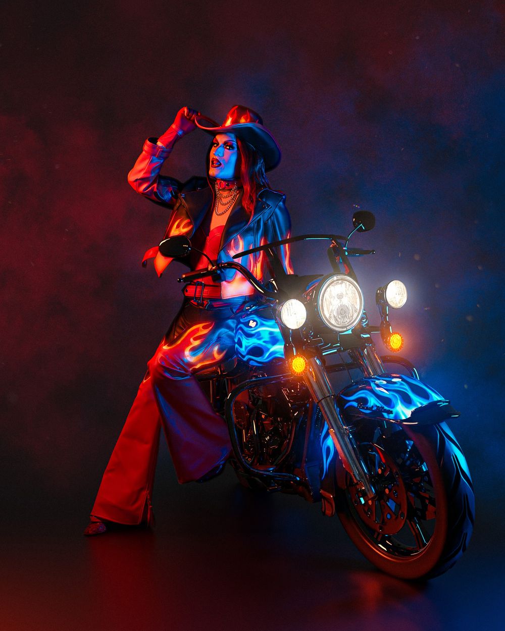 A motorcycle illuminated by dramatic red and blue lighting creates a moody nighttime scene with glowing headlights.