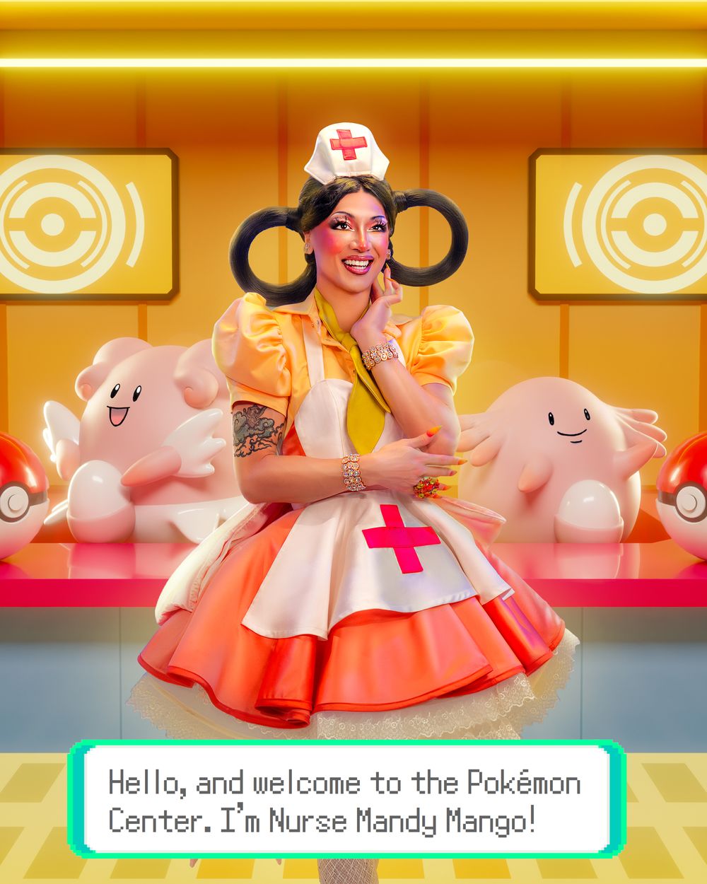A digital illustration of a Pokemon Center nurse character in a pink and white uniform greeting visitors.