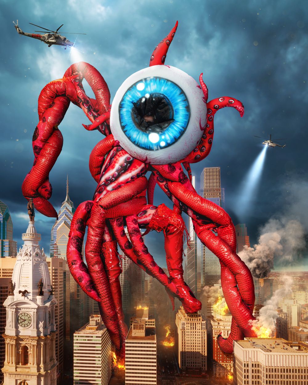 A surreal edit of a gigantici Kaiju-inspired tentacle monster stomping over Philadelphia.