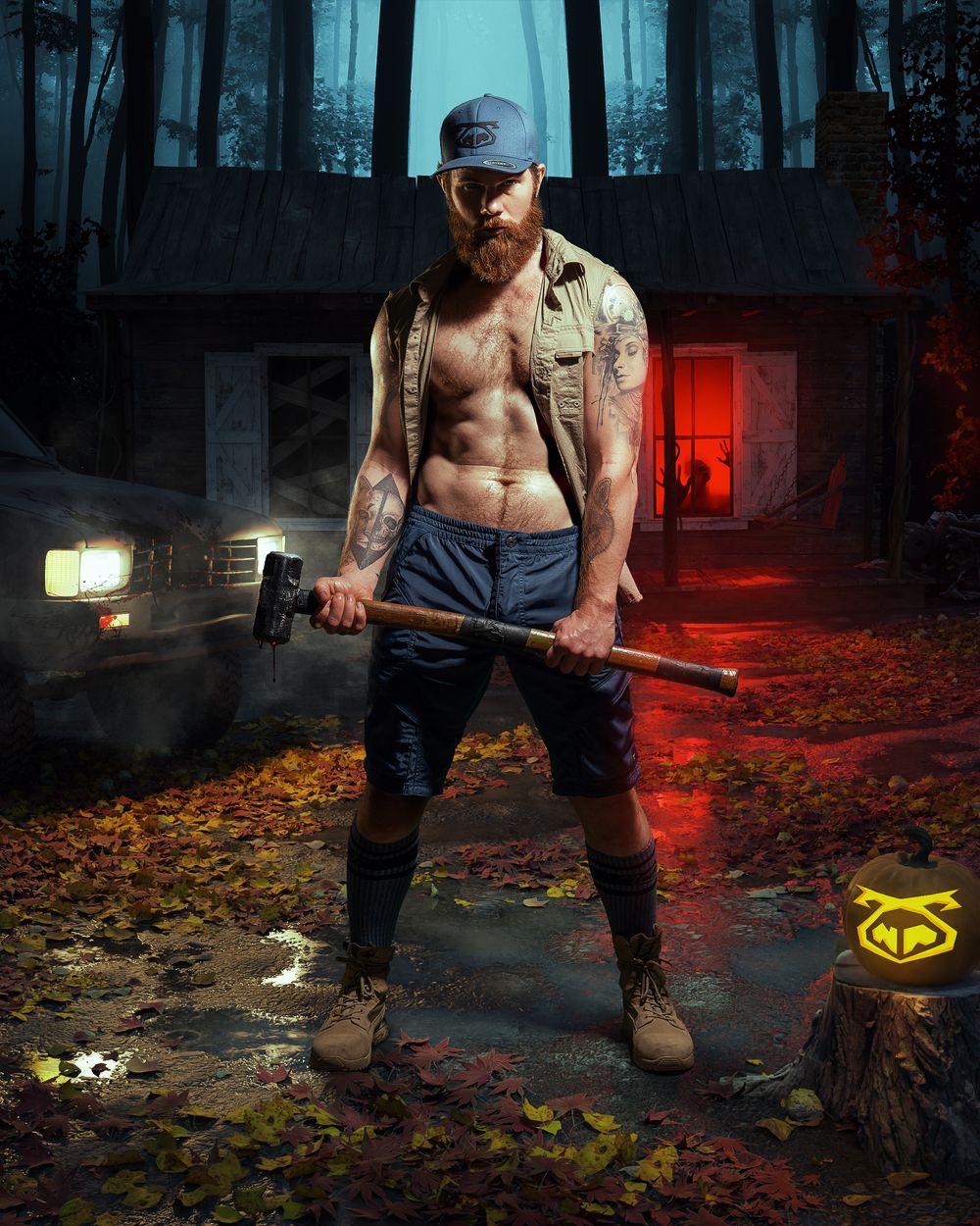 Shirtless figure with sledgehammer in horror movie setting with red cabin glow.