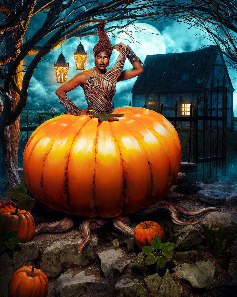 Spooky Halloween scene with a giant pumpkin, glowing lanterns, and haunted cabin under a full moon.