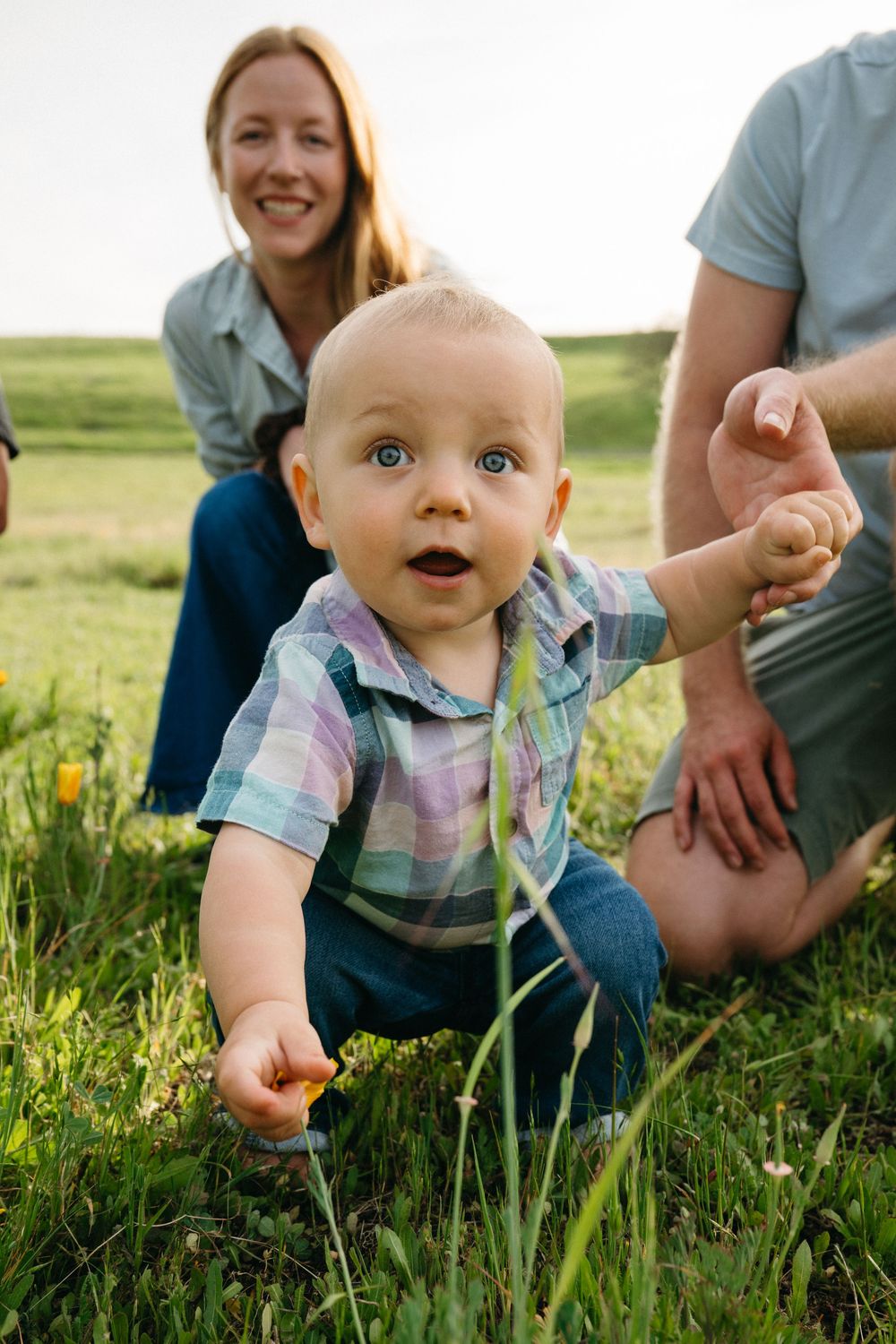 Curious baby in plaid shirt sits on green grass outdoors, with smiling parents kneeling behind him.