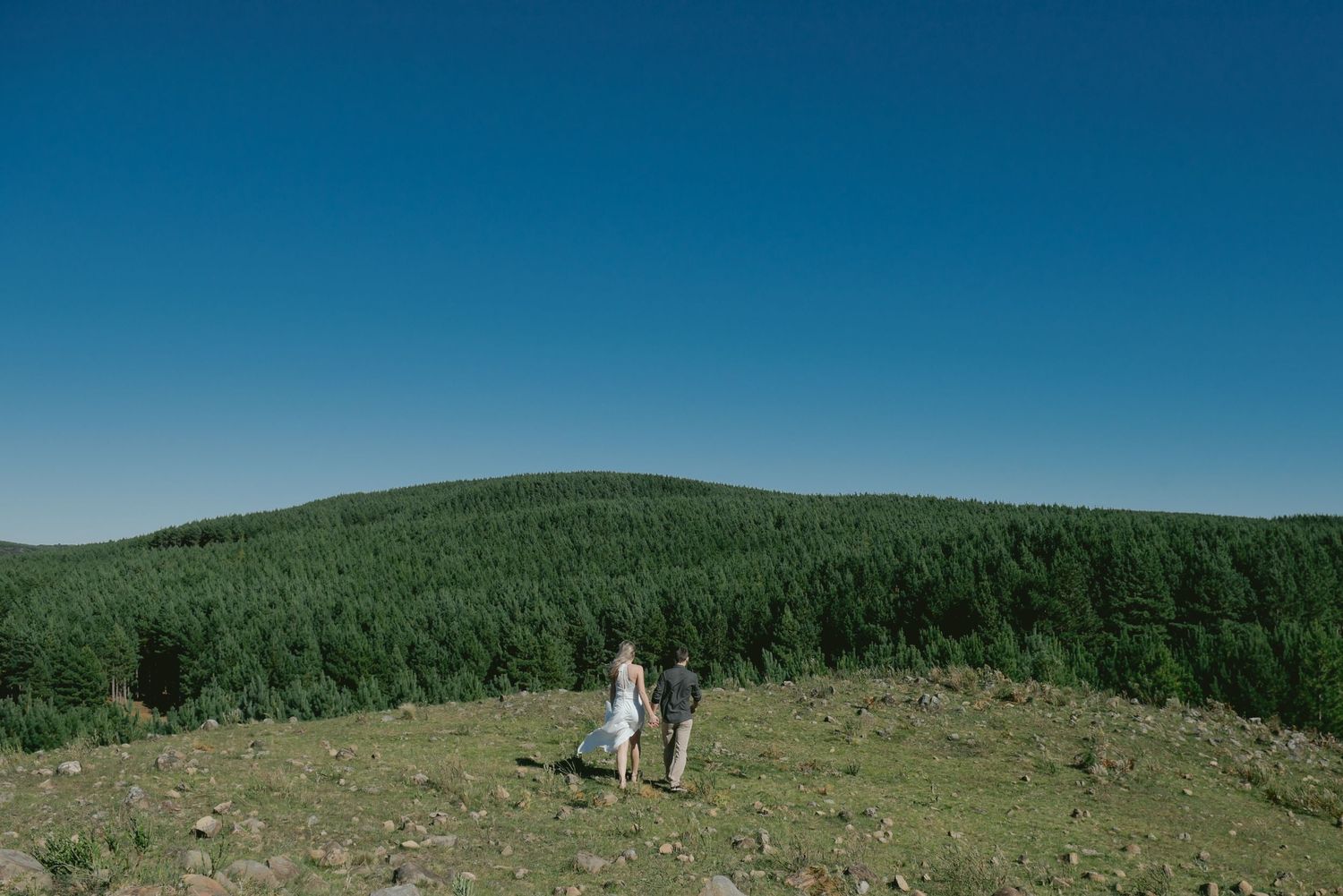 A couple stands together on a hilltop overlooking pine-covered mountains under blue sky.