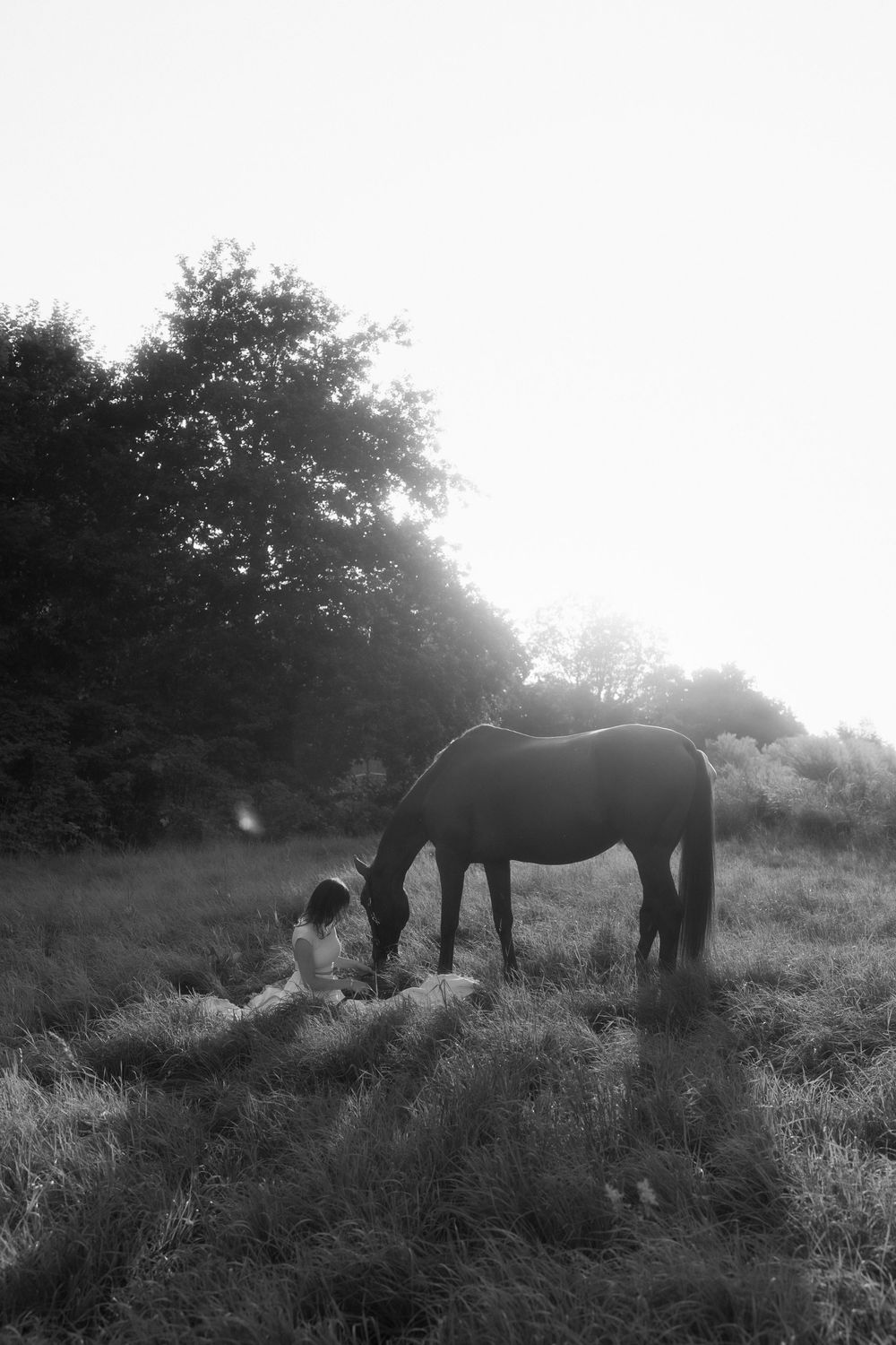 Black and white photo of a woman sitting in a field beside a grazing horse, surrounded by misty trees at dusk.