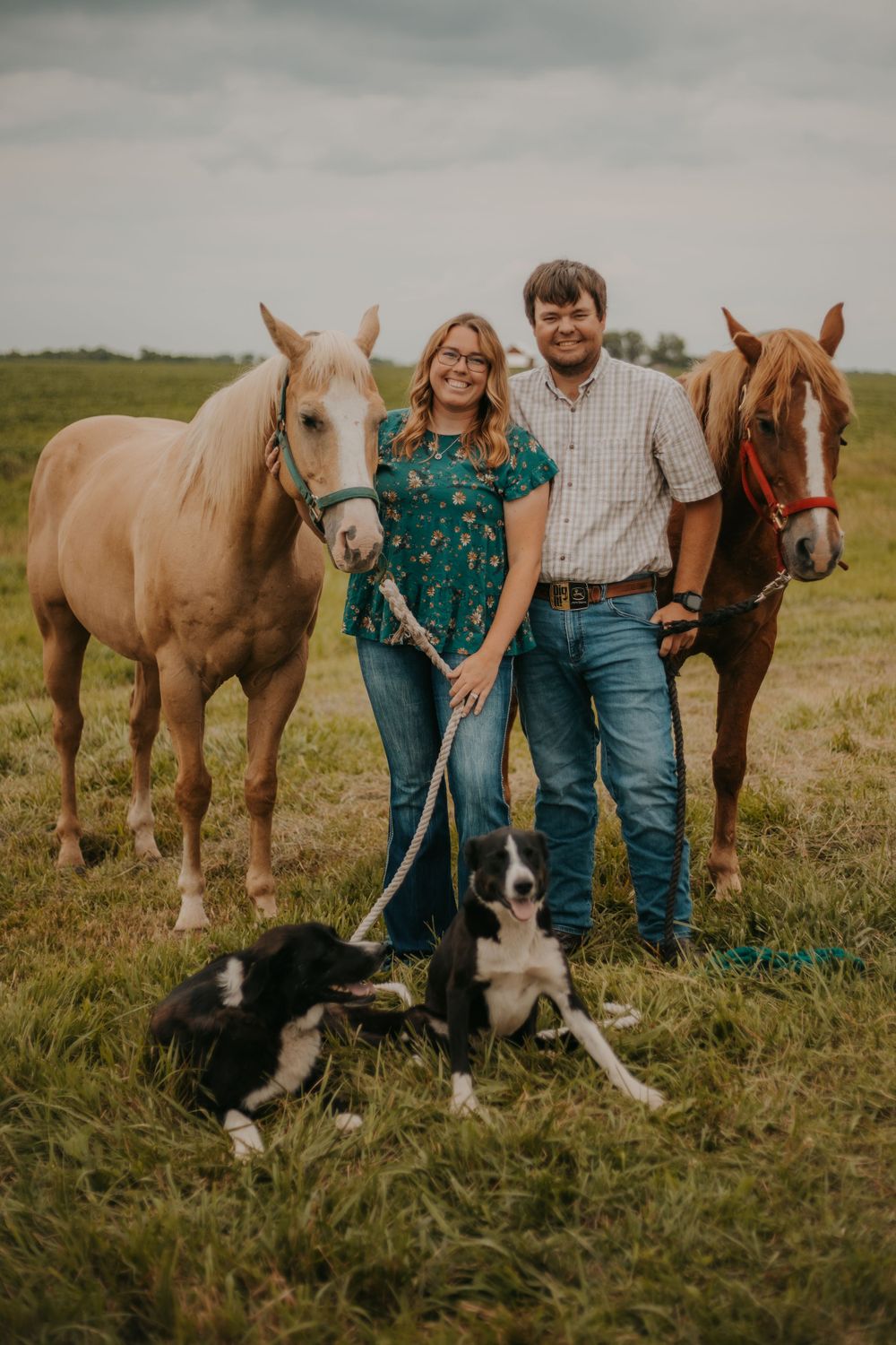 A couple poses with their two horses and two dogs in a rustic field setting.