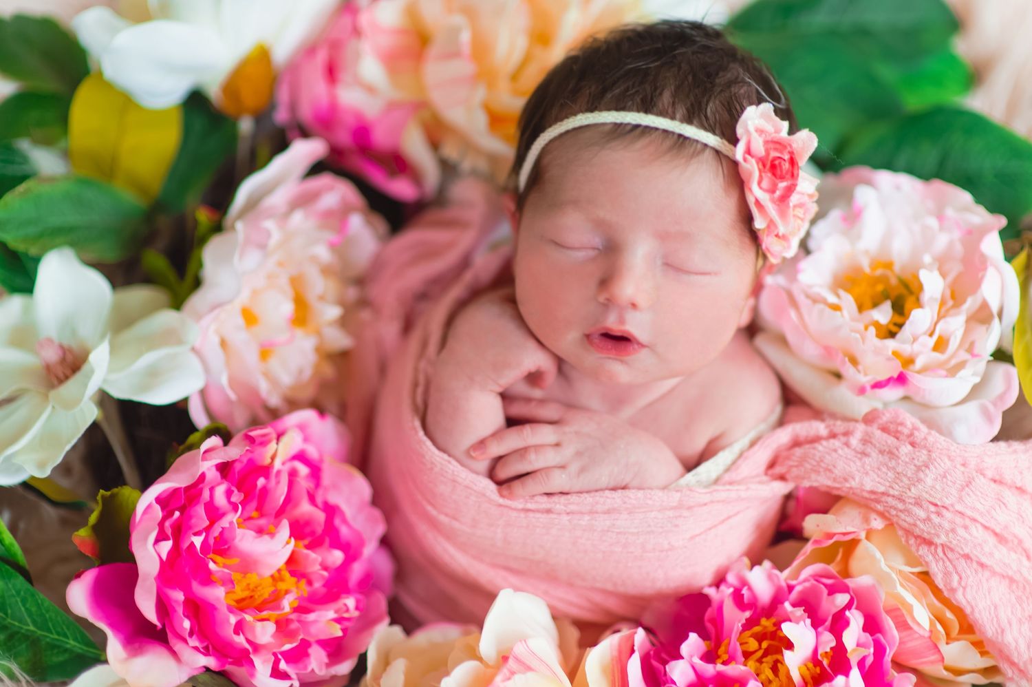 newborn baby girl flowers pink creative set natural light pose crochet bonnet Silverhill Alabama Opp Alabama Baldwin County AL